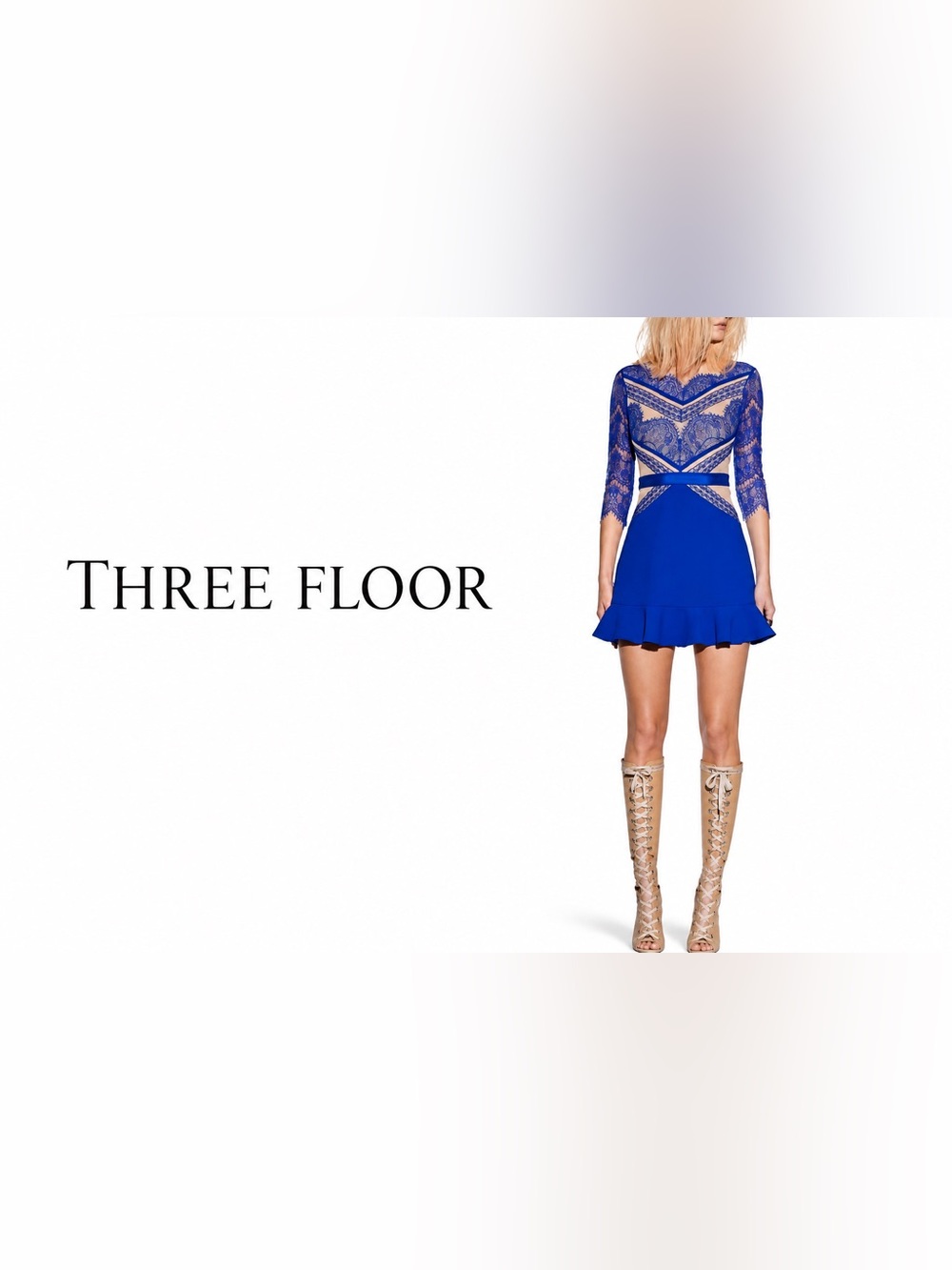 Three Floor Royal Blue Lace Illusion Cocktail Dress Size 4 Designer Dress B